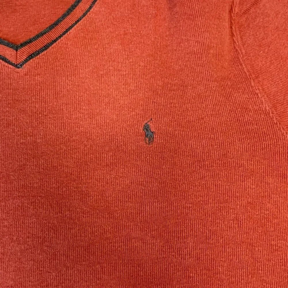 Polo Ralph Lauren Men Orange V-Neck Long Sleeve Casual Cotton Pullover Sweater L